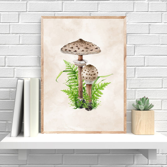 Parasol Mushrooms Watercolor Fine Art Print showcasing detailed mushrooms with lush greenery on textured paper.