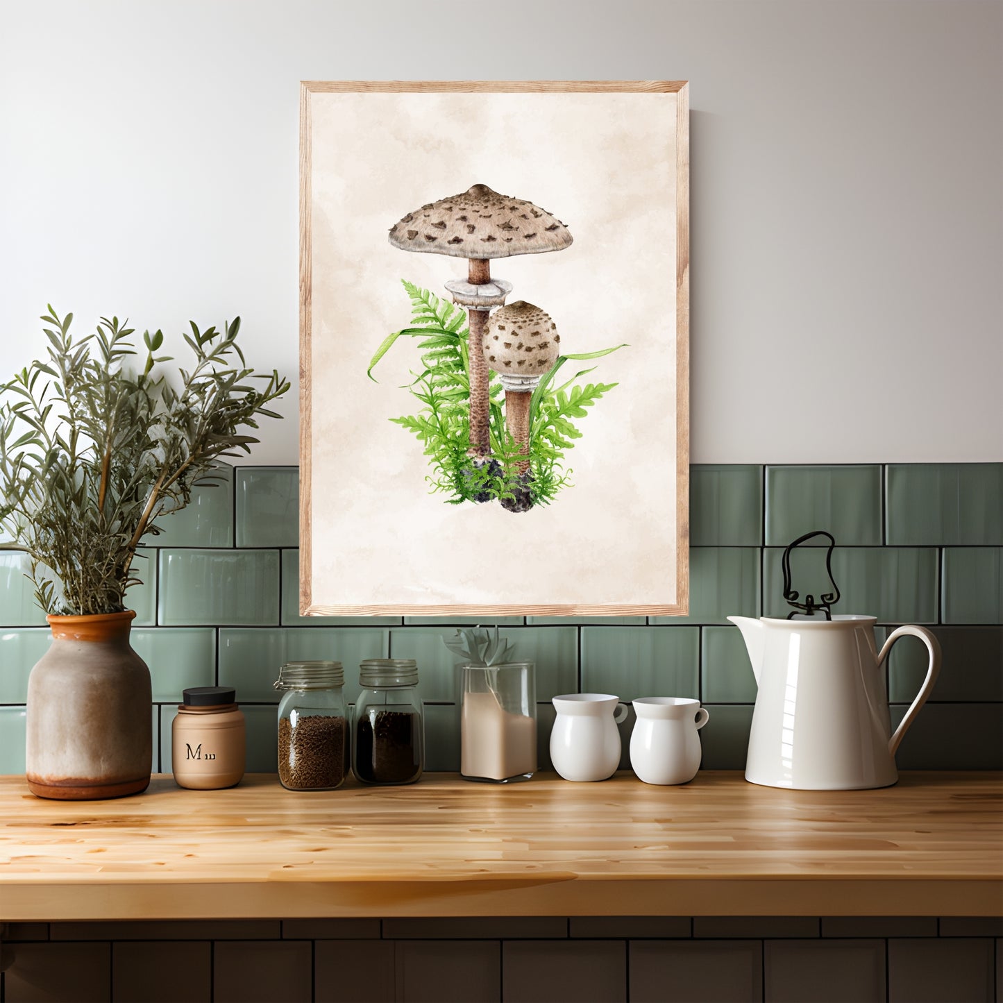 Parasol Mushrooms Watercolor Fine Art Print displayed beautifully on a wooden shelf, enhancing any home decor.