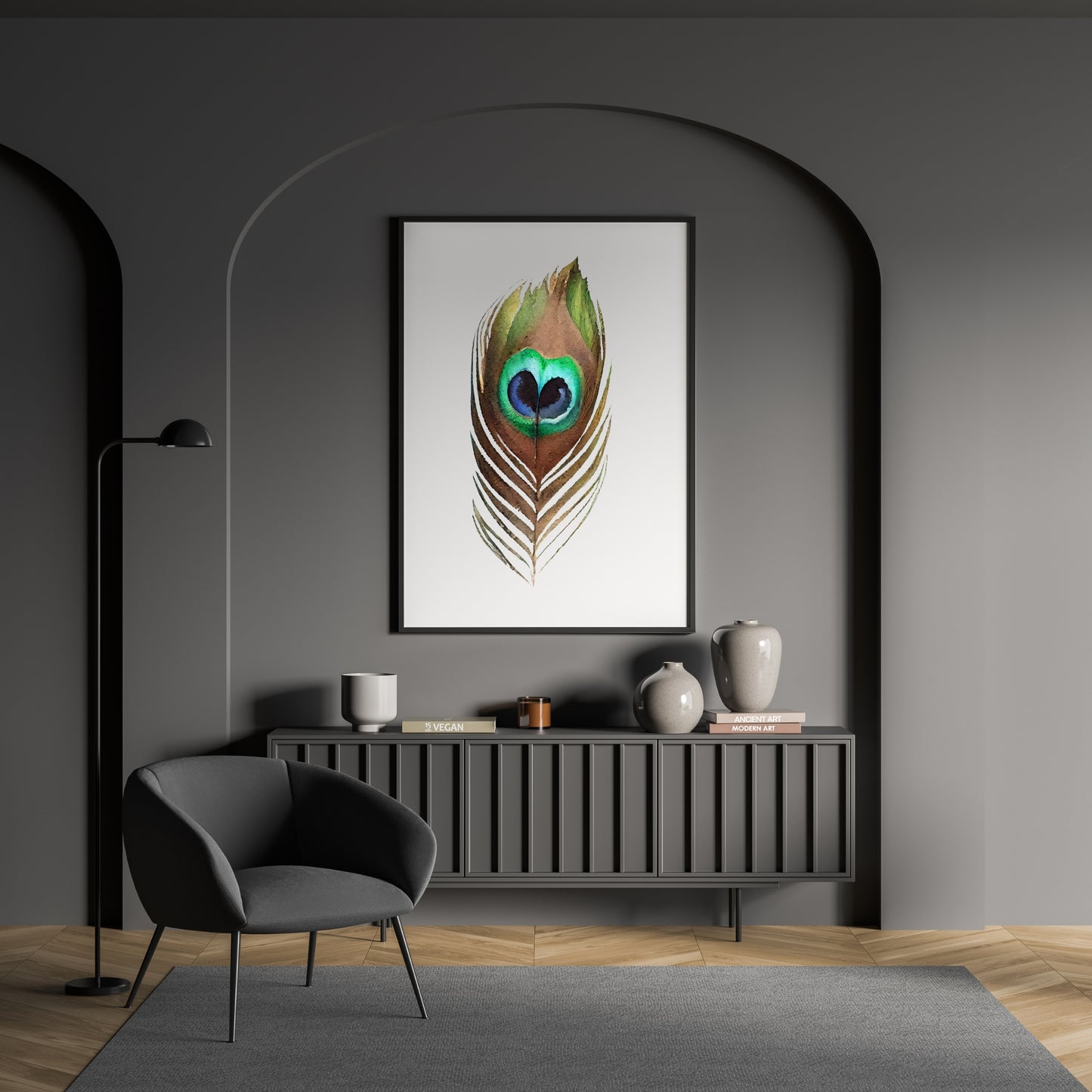 Vibrant Peacock Feather Watercolor Fine Art Print displayed in a modern living room, enhancing stylish home decor.