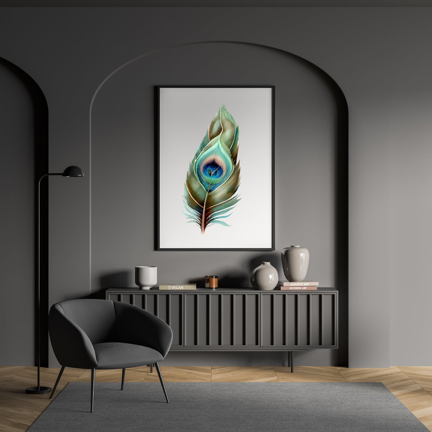 Vibrant Peacock Feather Series 3 Watercolor Fine Art Print enhancing modern home decor with elegant artistry.