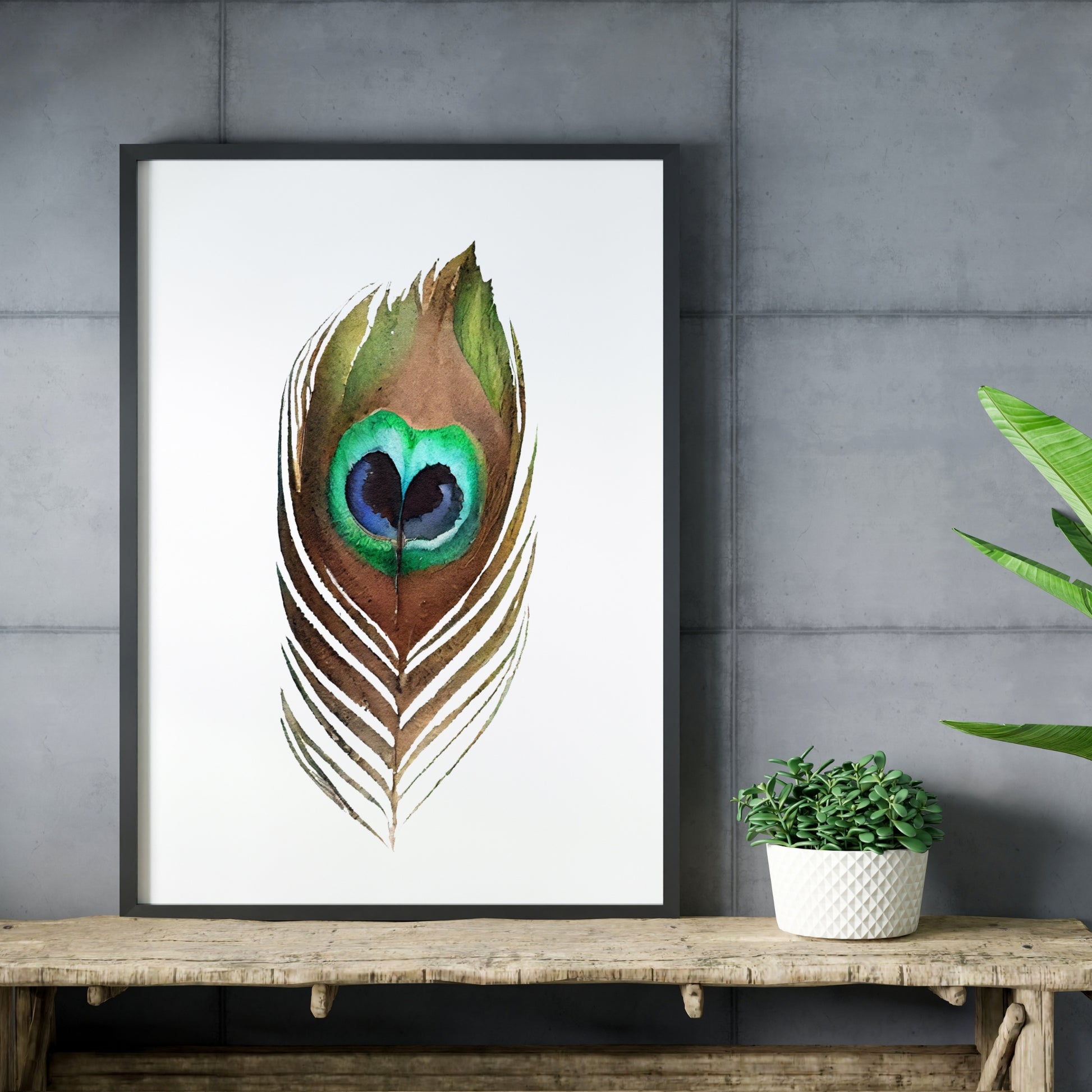 Vibrant Peacock Feather Watercolor Fine Art Print, perfect for enhancing your home decor with stunning art.