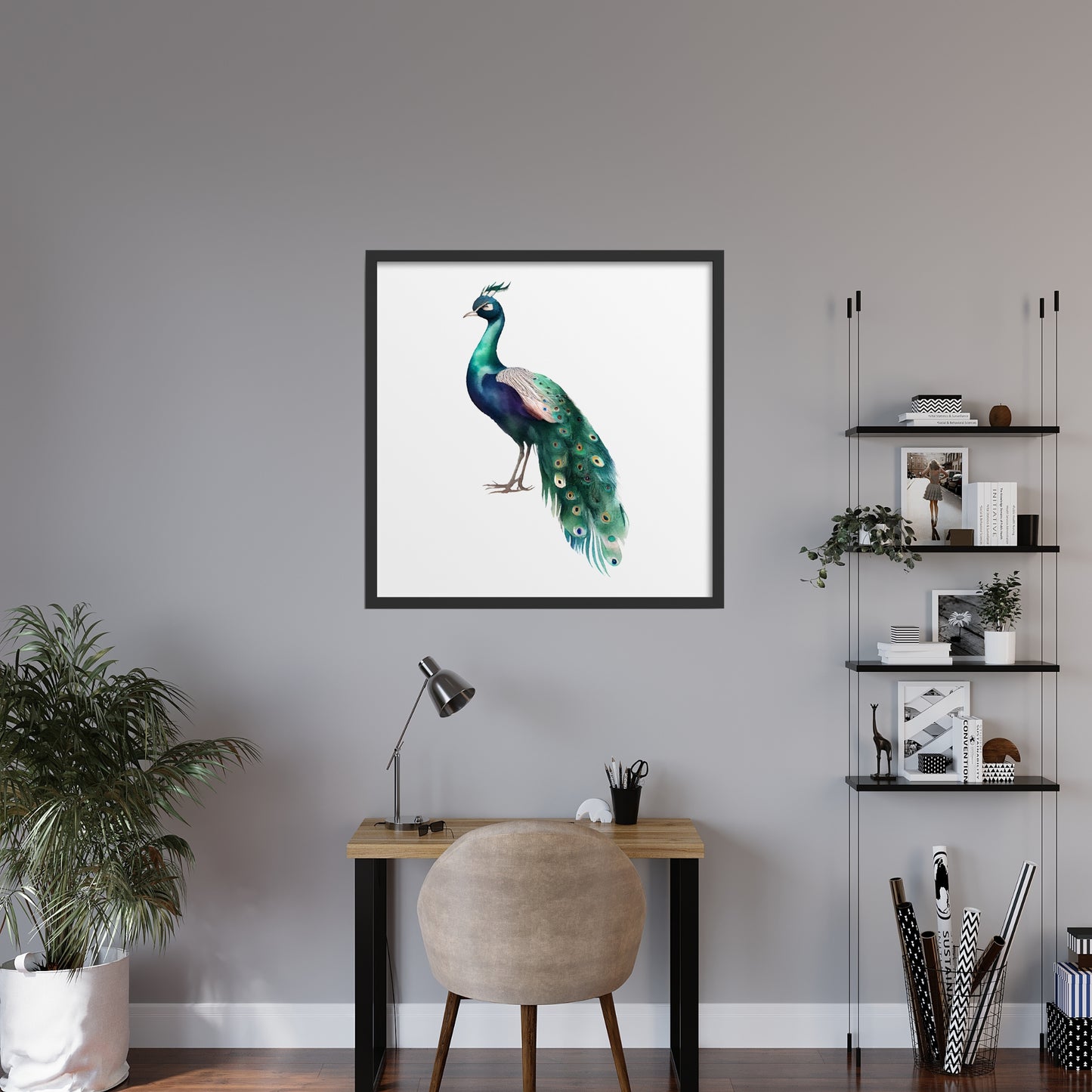 Colorful Peacock Watercolor Fine Art Print, showcasing exquisite detail on archival cotton paper, perfect for gallery decor.