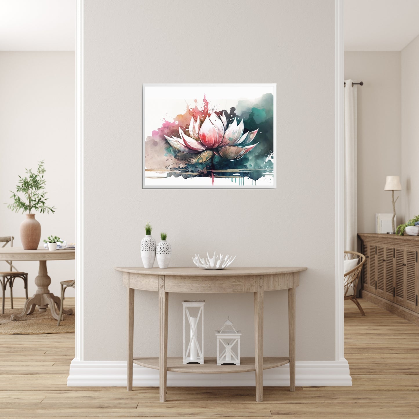 Beautifully displayed, the Lotus Watercolor Fine Art Print features vibrant colors and intricate details, perfect for any decor.