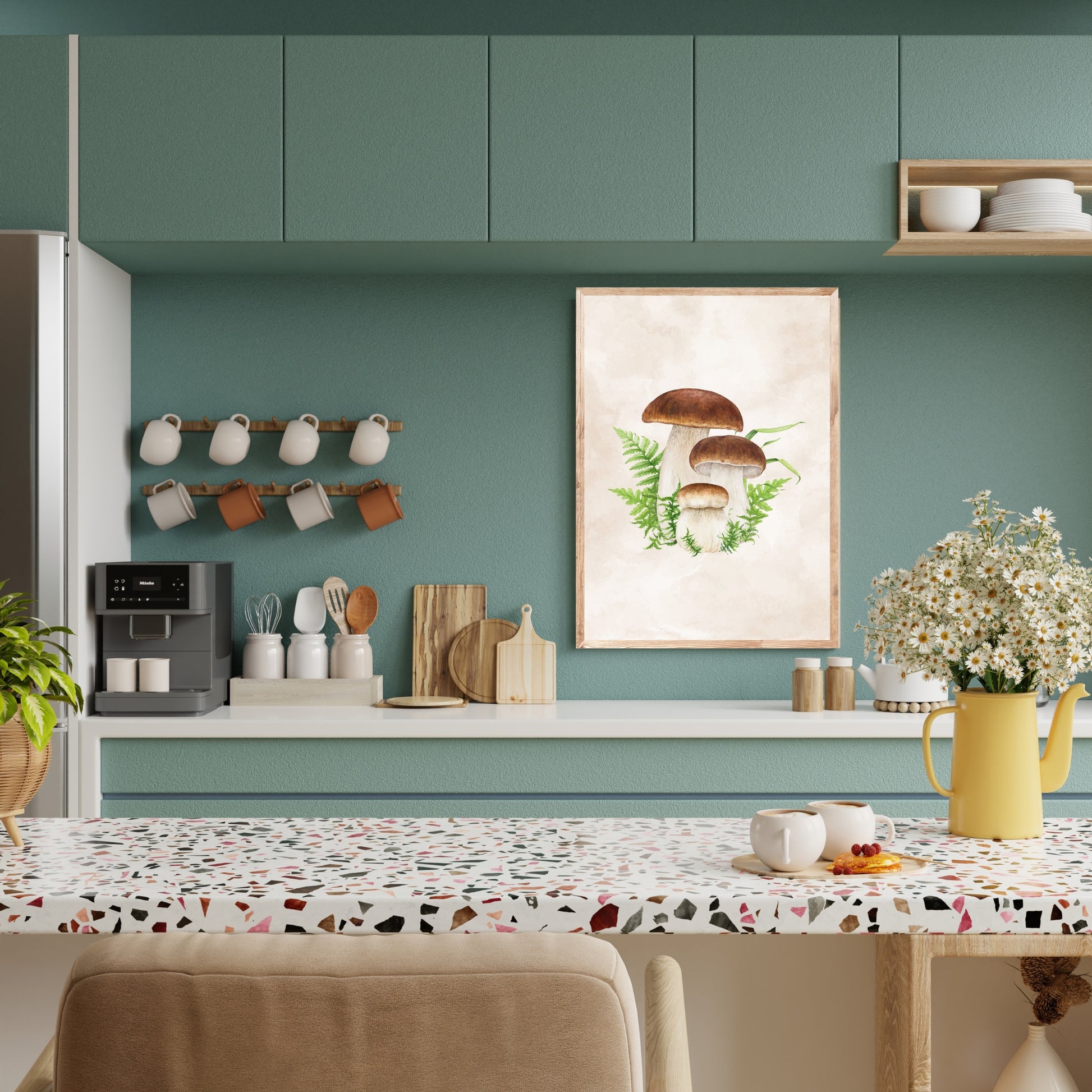 Porchini Mushrooms Watercolor Fine Art Print displayed in a stylish kitchen, enhancing the decor with natural beauty.