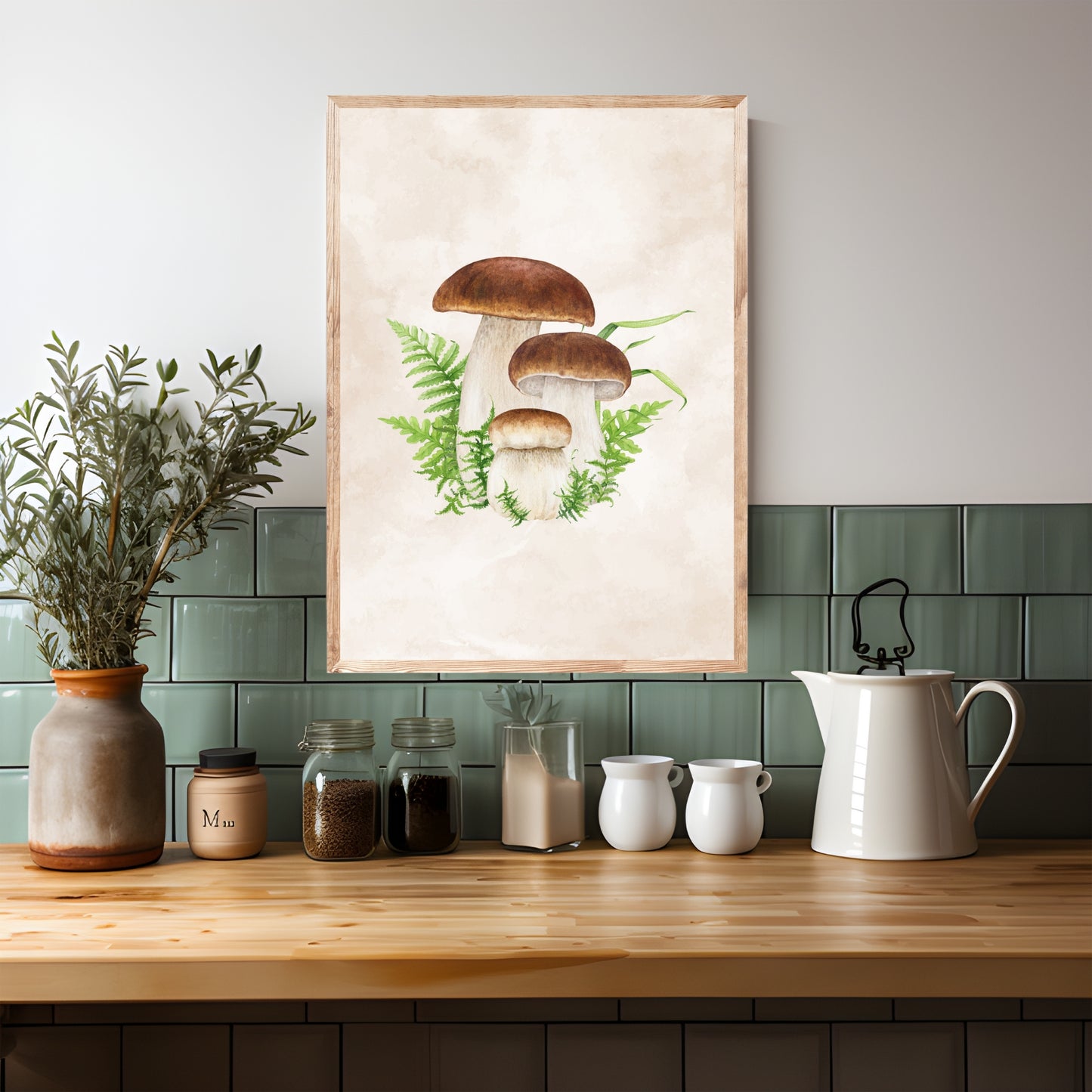 Porchini Mushrooms Watercolor Fine Art Print showcasing beautifully detailed mushrooms against a soft background.