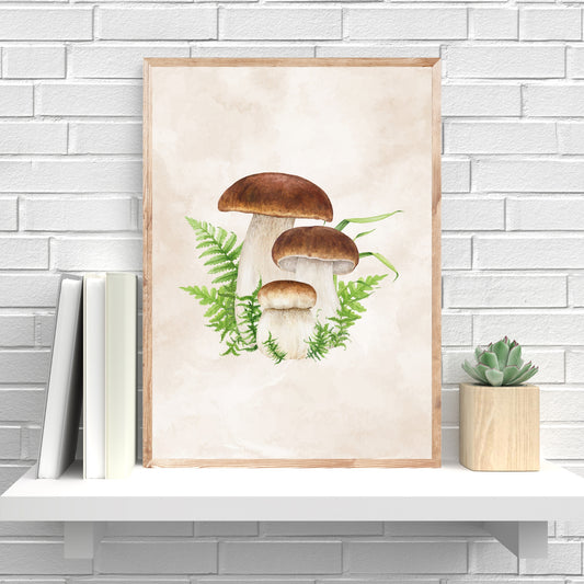 Porchini Mushrooms Watercolor Fine Art Print featuring three mushrooms with ferns on textured cotton watercolor paper.