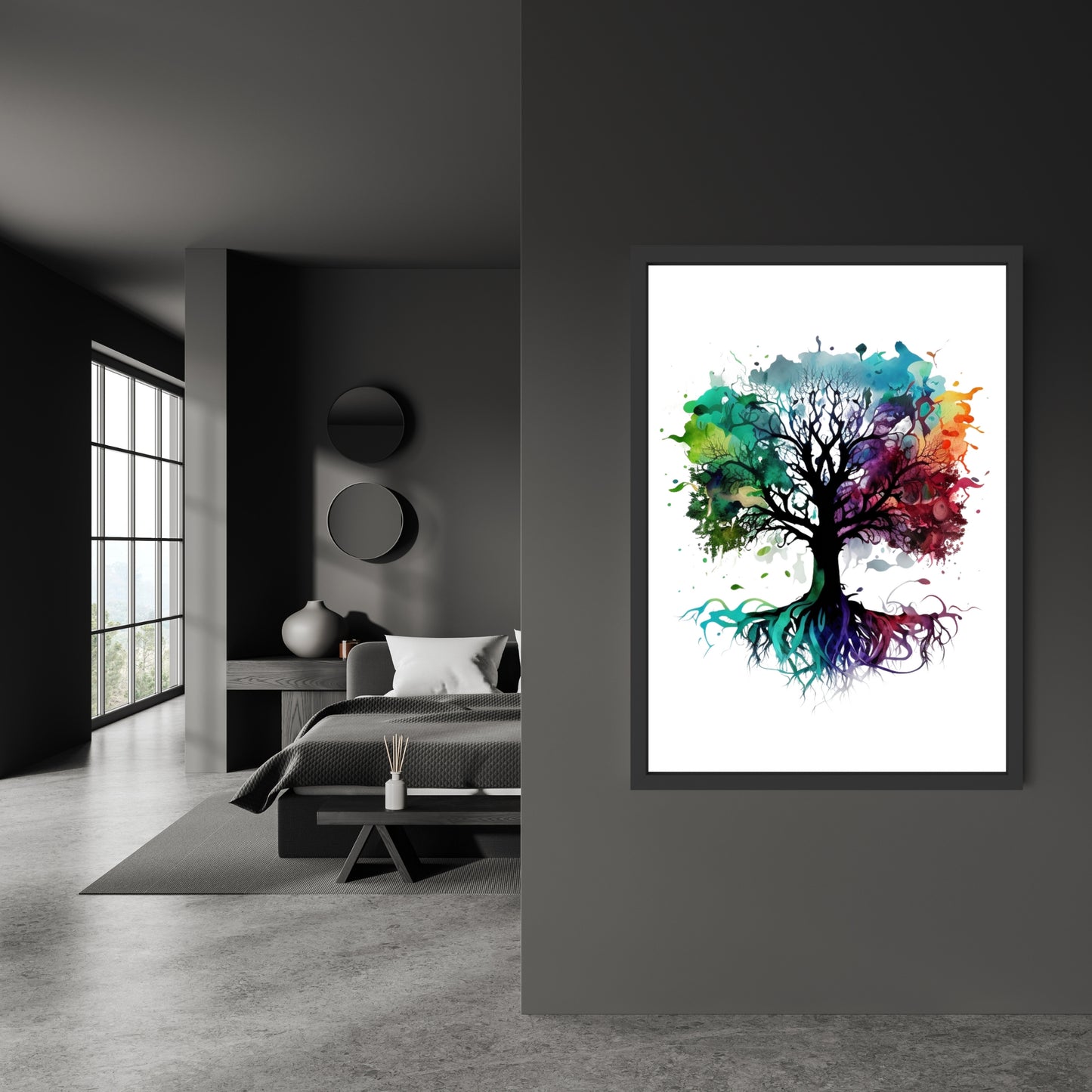 Vibrant Rainbow Tree of Life Watercolor Fine Art Print showcased in a modern interior, perfect for art lovers.