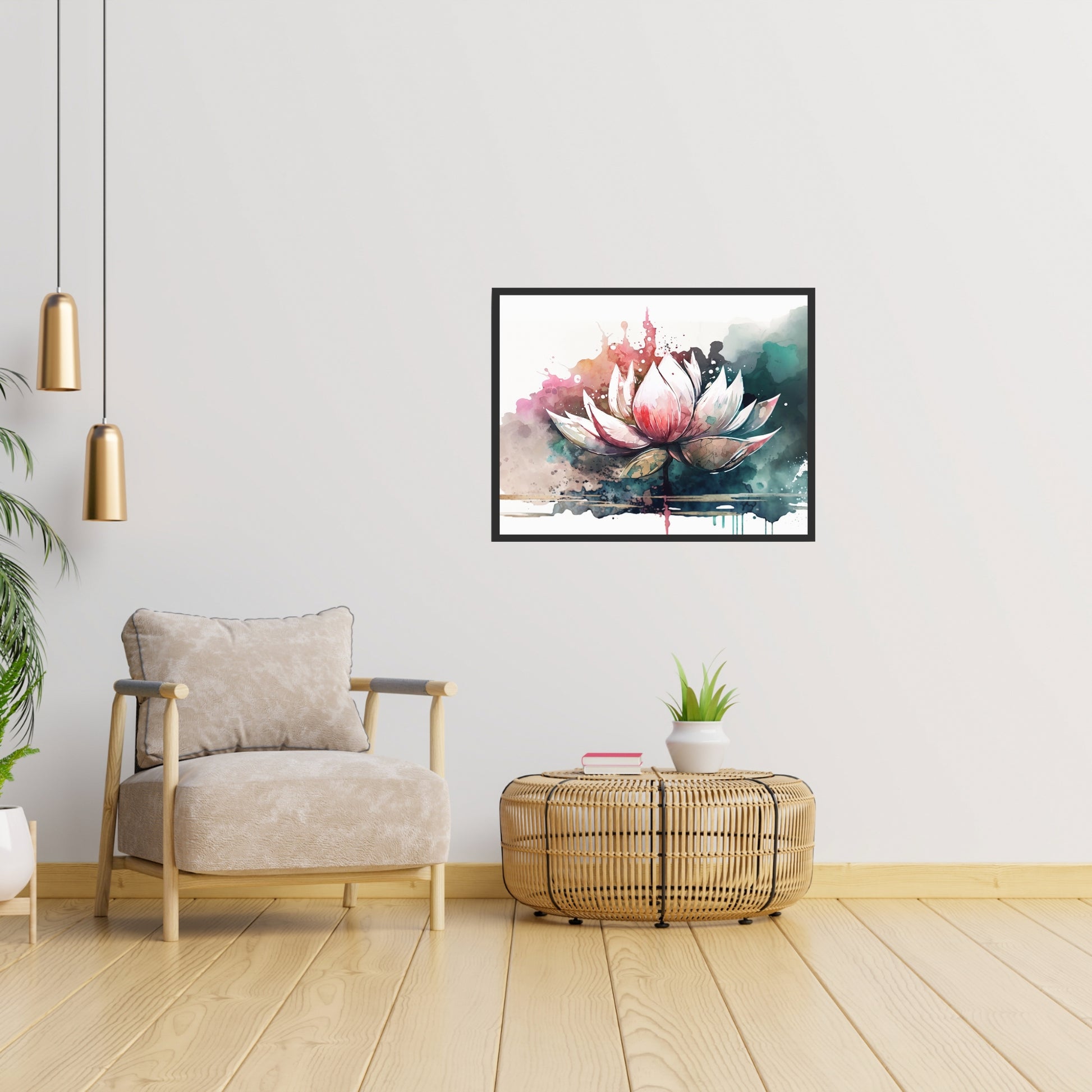 Elegant Lotus Watercolor Fine Art Print displayed in a modern setting, showcasing vibrant colors and fine details.