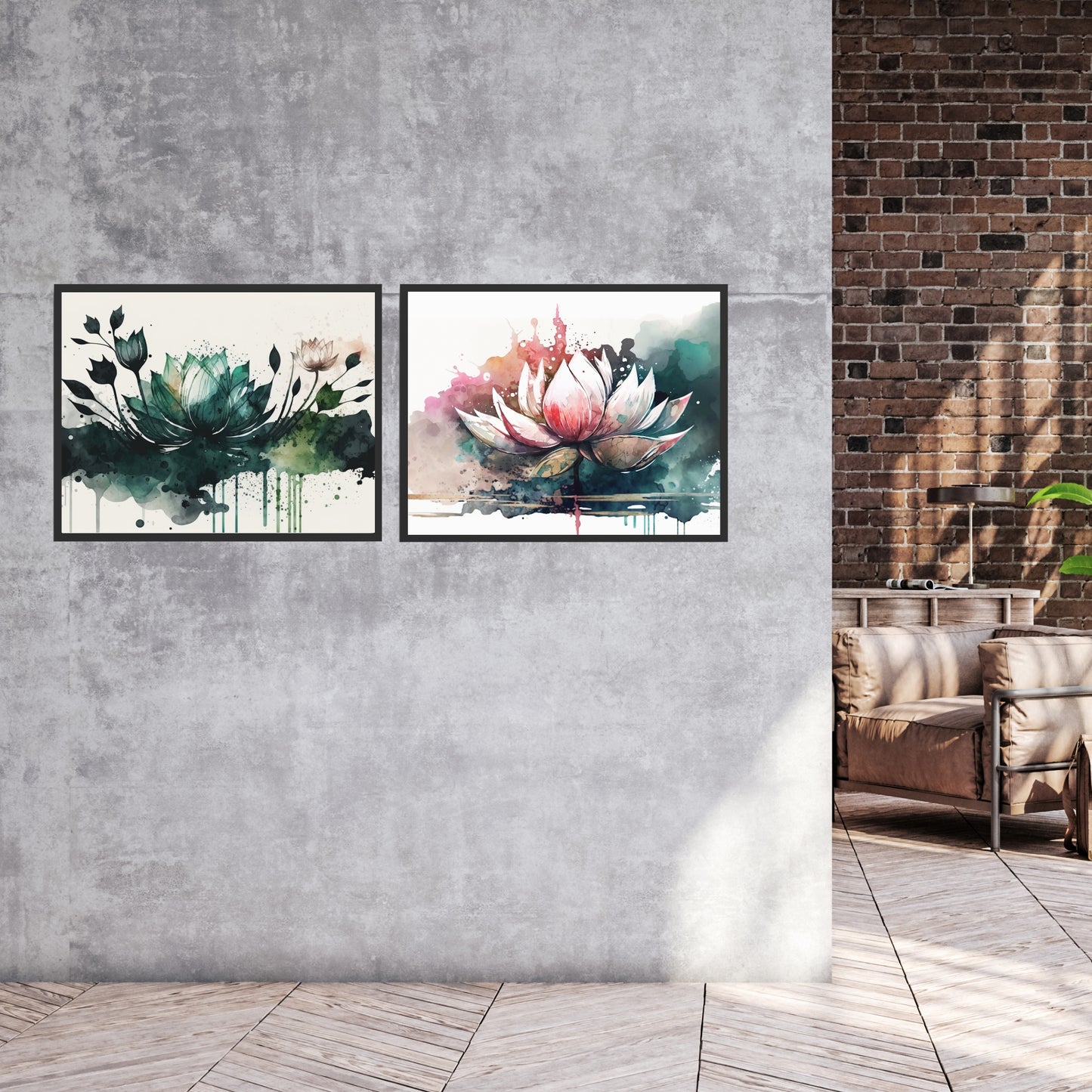 Elegant wall display featuring the Lotus Watercolor Fine Art Prints Set of 2, showcasing vibrant Giclée artwork.