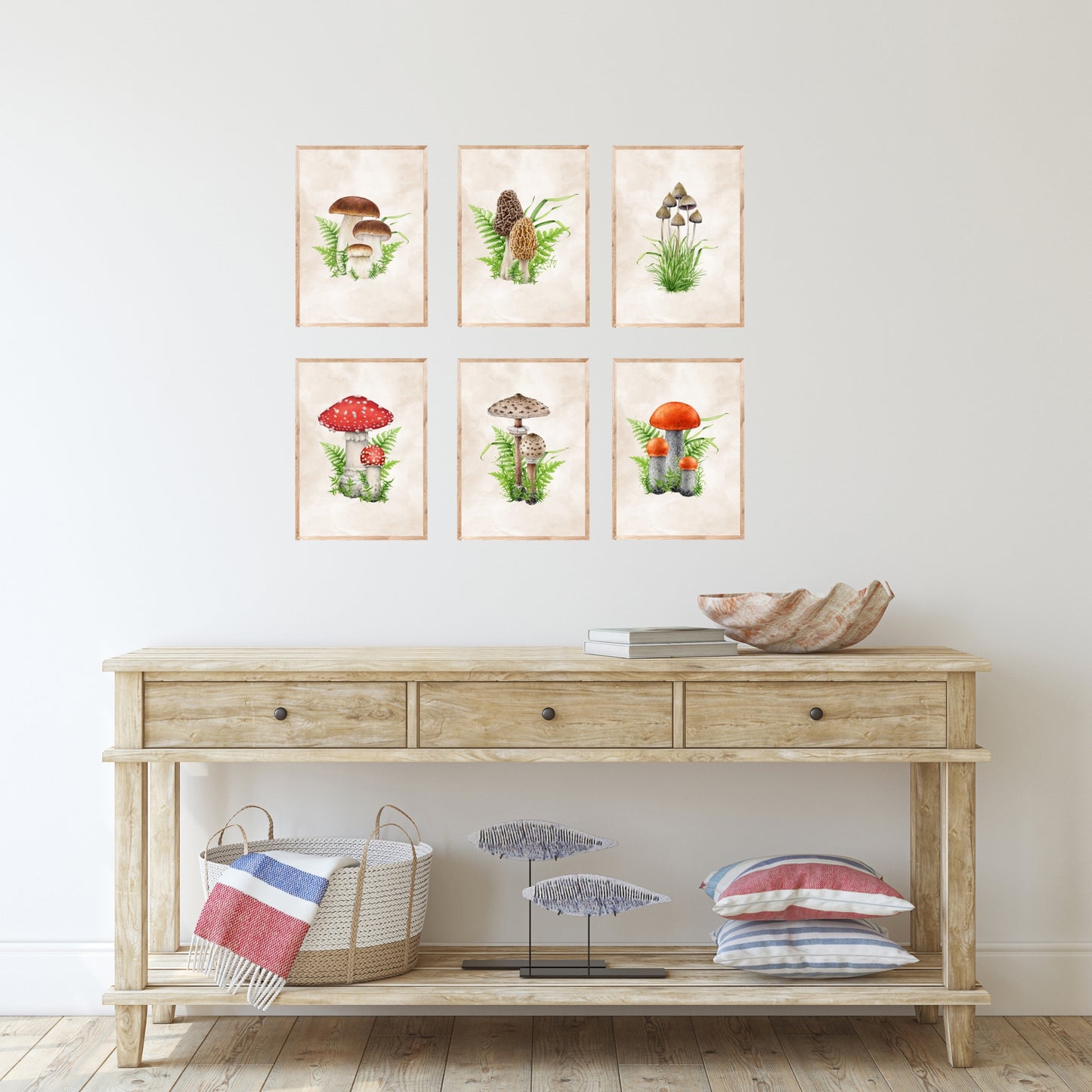 Mushrooms Watercolor Fine Art Print Set of 6 beautifully displayed on a wall, showcasing vibrant watercolor designs.