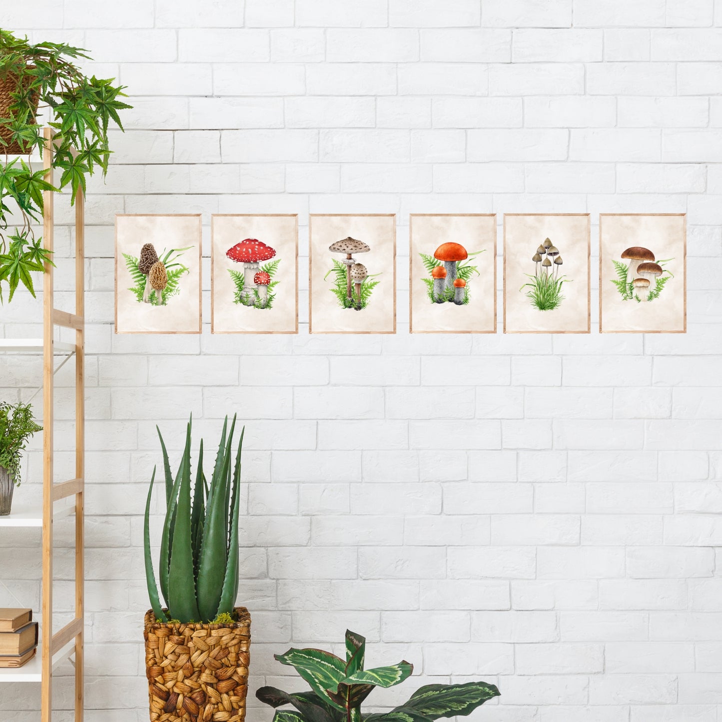 Mushrooms Watercolor Fine Art Print Set of 6 displayed in a stylish setting, perfect for nature lovers' decor.