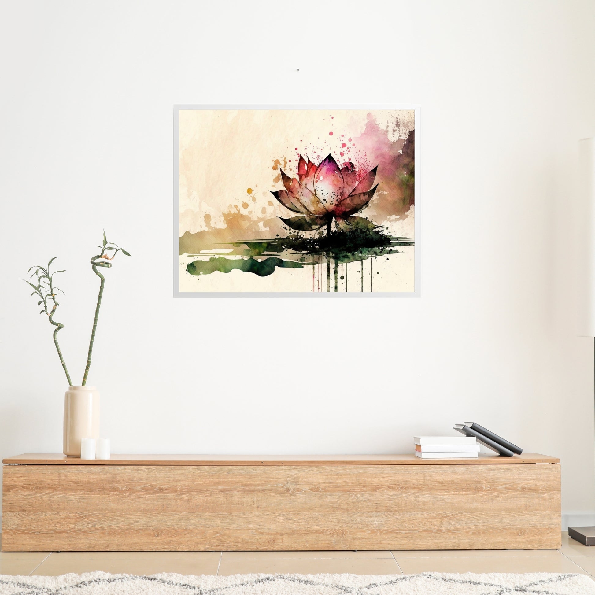 Colorful Lotus Watercolor Fine Art Print displayed in a modern setting, showcasing its gallery-quality craftsmanship.