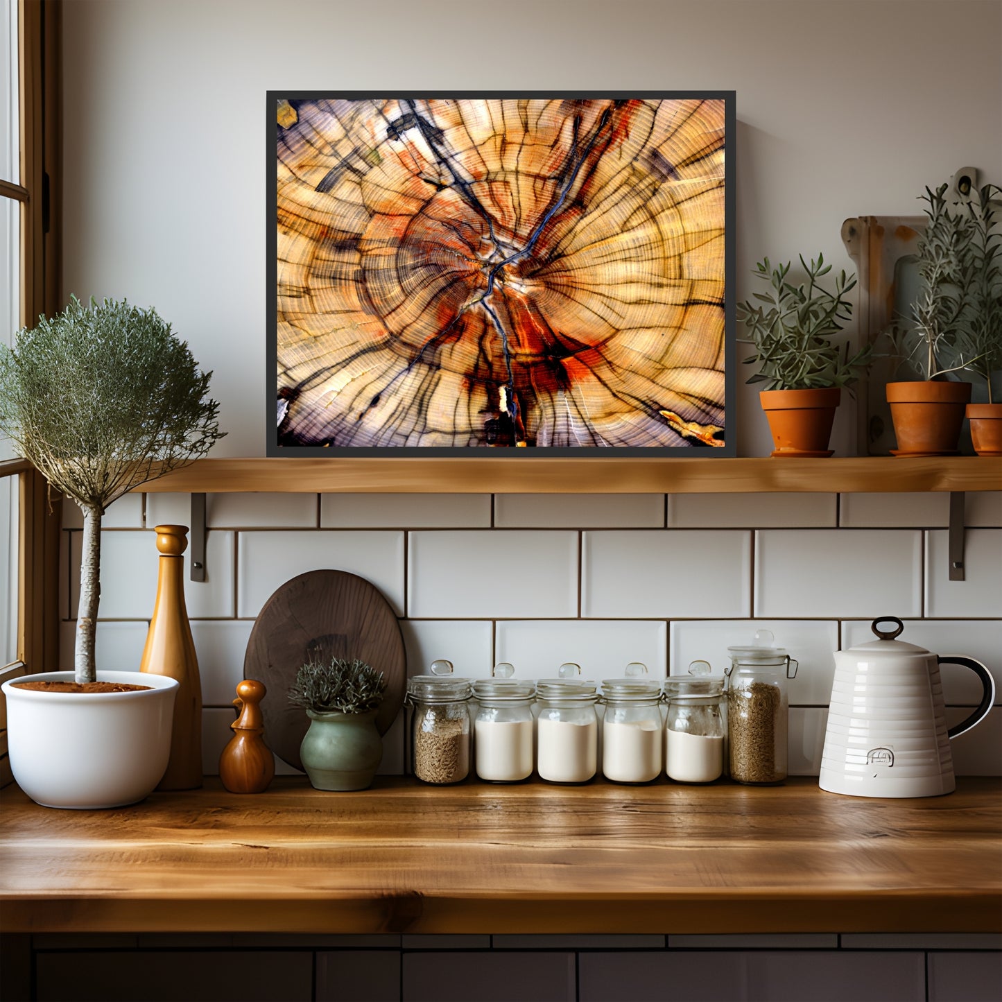 Vibrant Tree Rings Fine Art Print displayed on a shelf, showcasing its rich textures and colors. Perfect for any decor.