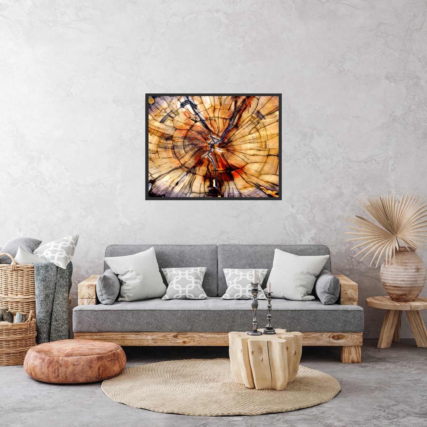 Vibrant Tree Rings Fine Art Print displayed in a modern living room, showcasing gallery-quality craftsmanship.