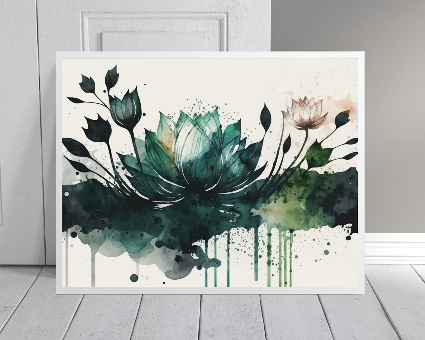 Elegant Green Lotus Watercolor Fine Art Print, crafted on 300gsm cold press paper for stunning gallery display.