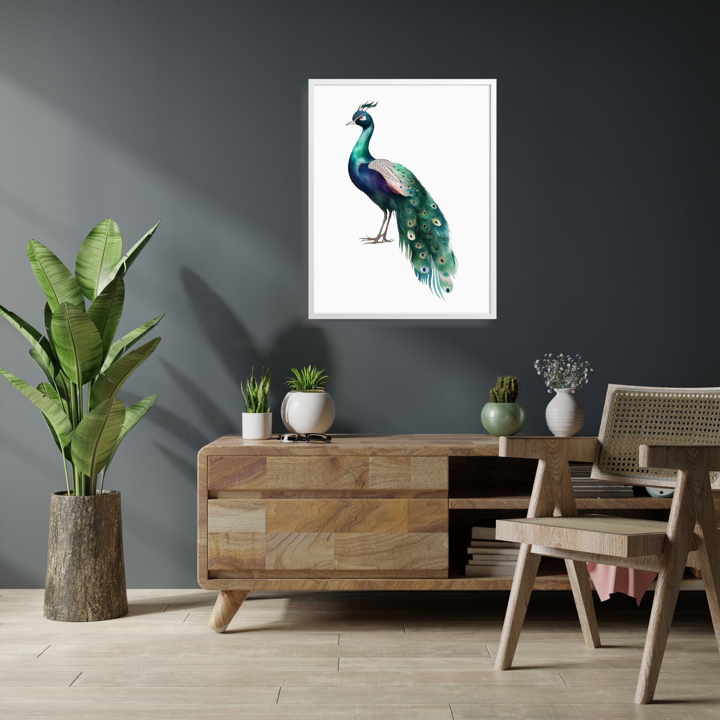 Vibrant Peacock Watercolor Fine Art Print showcased in a modern living space, perfect for art lovers.