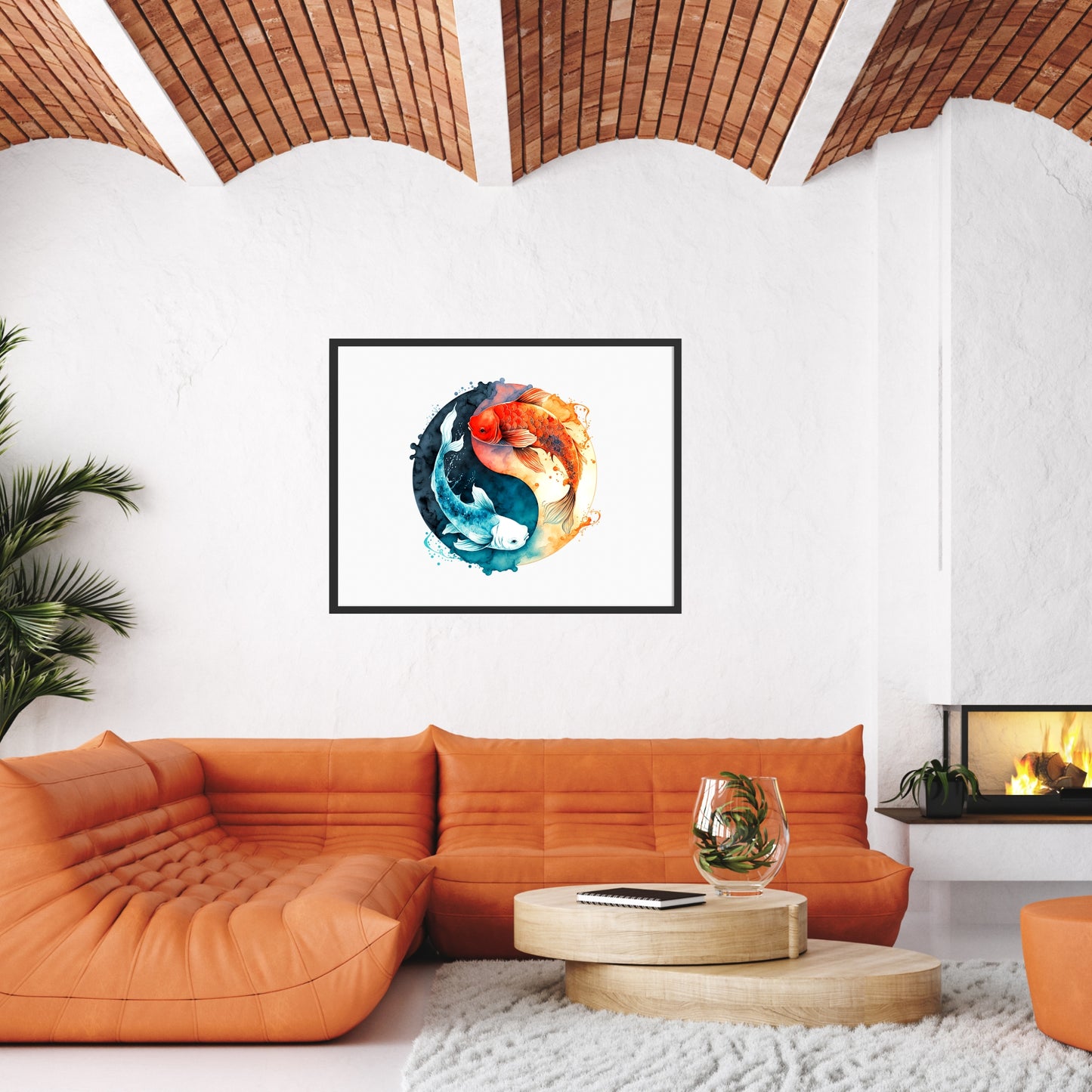 Vibrant Yin Yang Koi Fish Watercolor Fine Art Print displayed in a modern living room, showcasing its exquisite colors.