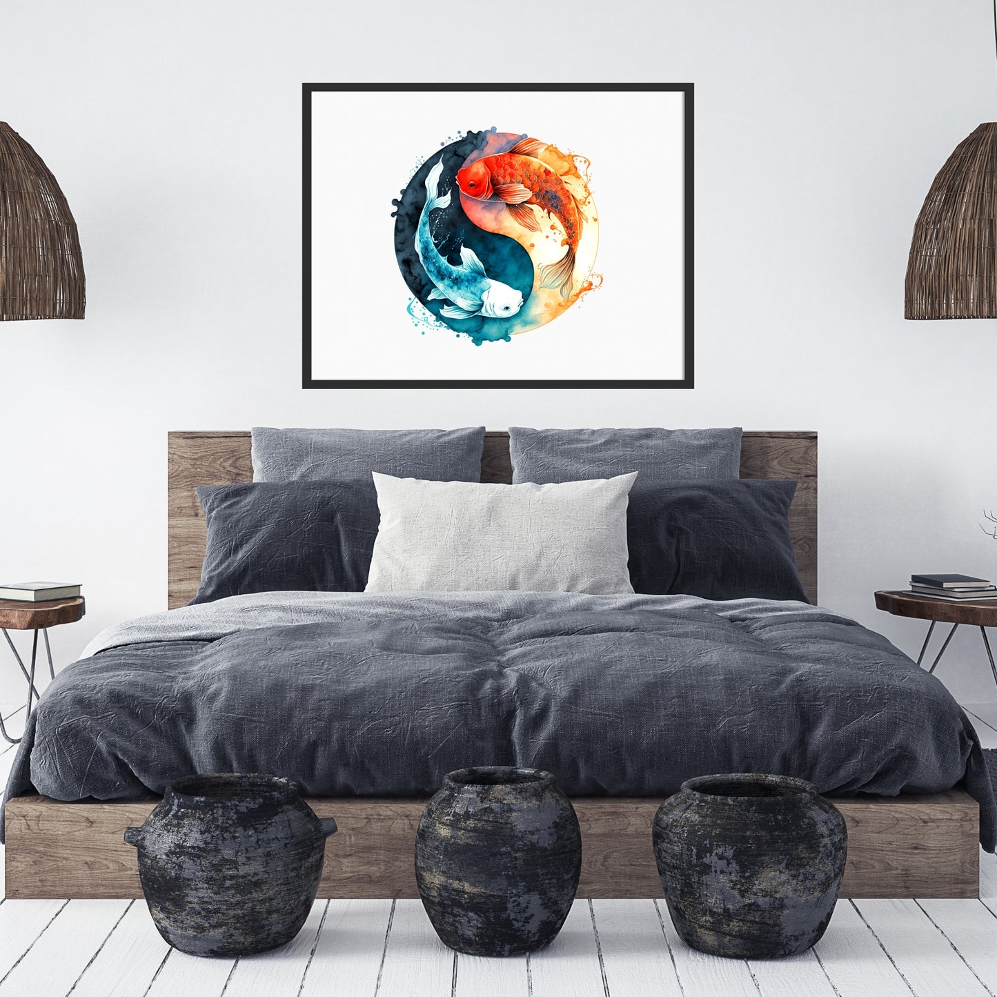 Yin Yang Koi Fish Watercolor Fine Art Print displayed in a cozy bedroom setting, enhancing the decor with vibrant colors.